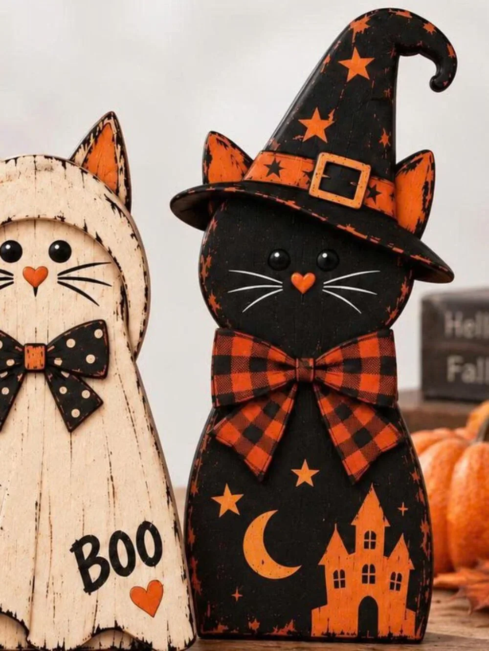 Halloween Wooden Cat Blocks, Halloween Rustic Shelf Sitter, Fall Home Season